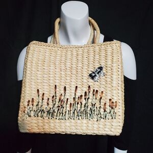 Woven Basket Bag with Butterfly & Cattails Design